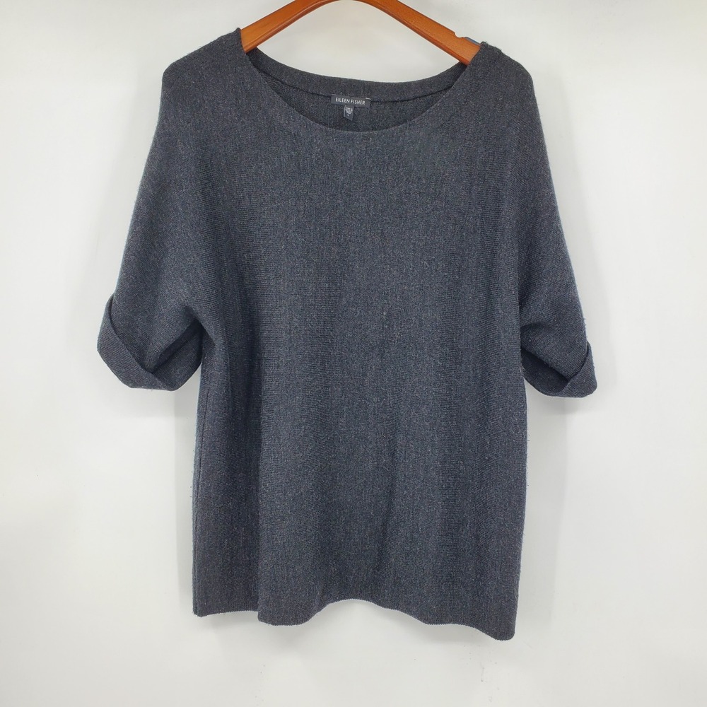Eileen Fisher Gray 100% Merino Wool Short Sleeve Cuffed Sweater Large Boxy